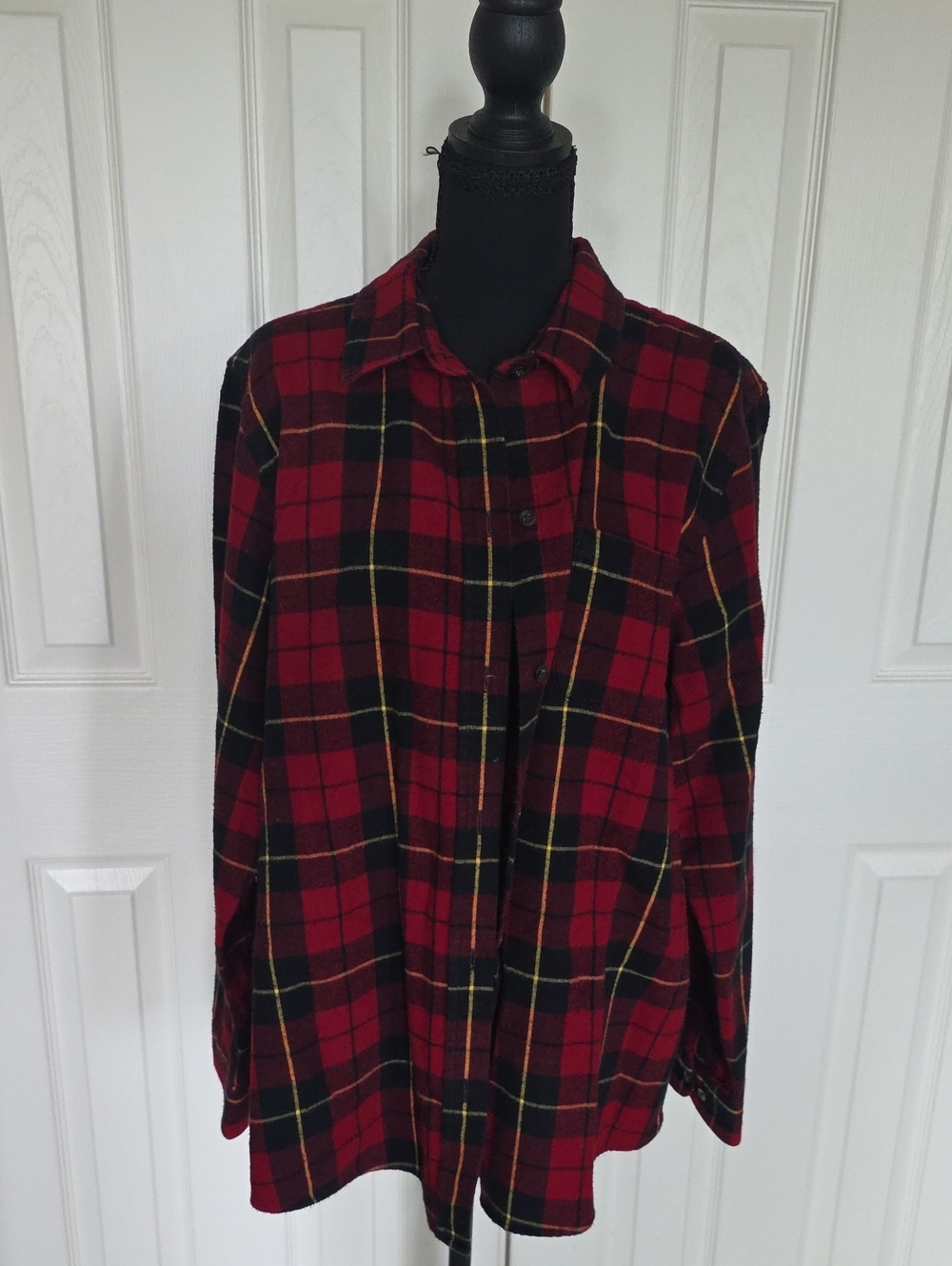 L.L. Bean Red and Black Plaid Button-Down Shirt with Yellow Accents